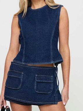 Dark Indigo Denim Two-Piece Set - Crop Top & Mini Skirt